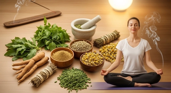 Ayurveda for stress and anxiety concept with meditation and herbs